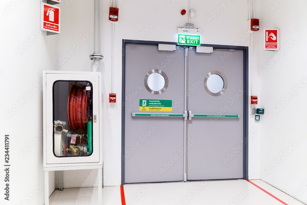 Door exit equipped with full safety signs and fire equipments